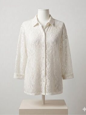 VTG Prezzia White Sheer Floral Lace Button Down Shirt Blouse – Modern XL boho